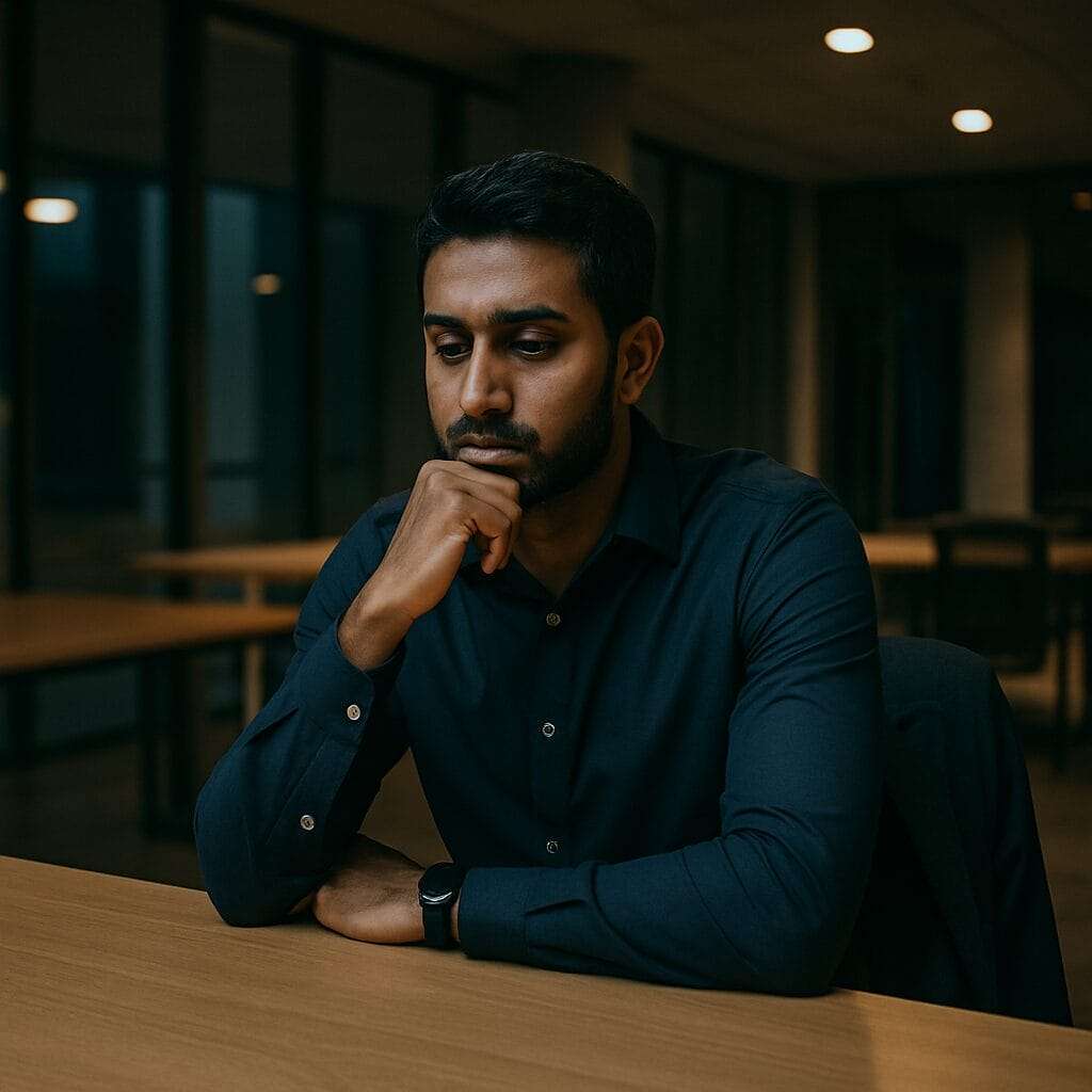 South Asian, late 30s) sitting alone in a modern office space after hours. One hand is loosely on his chin. The lights are dim, his jacket draped over the chair beside him. Not sad—just processing. A moment of stillness after years of performance.