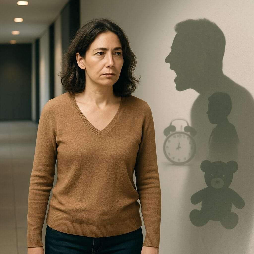A woman in her 40s walks through a minimalist hallway with a tense expression. Behind her, her shadow reveals images of a yelling adult, a clock, a teddy bear, and a child—symbolizing childhood trauma and emotional chaos influencing adult time management.