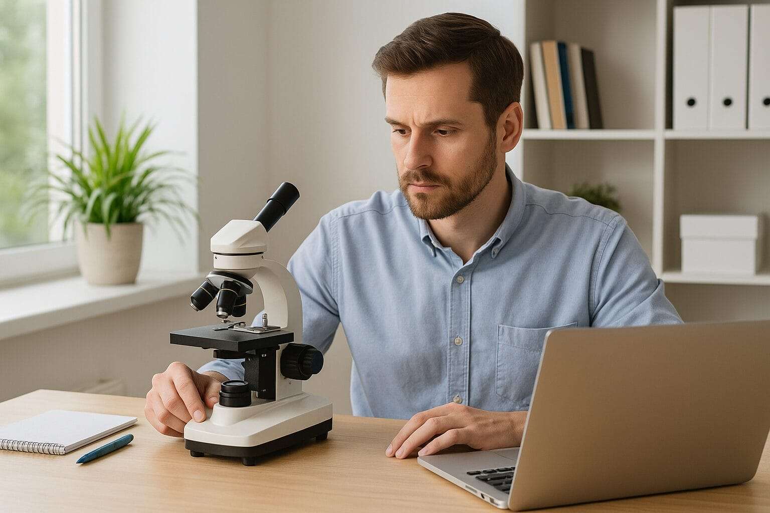 Caucasian man in his 30s using a microscope in a bright office, surrounded by books, plants, and a laptop—focused and thoughtful.