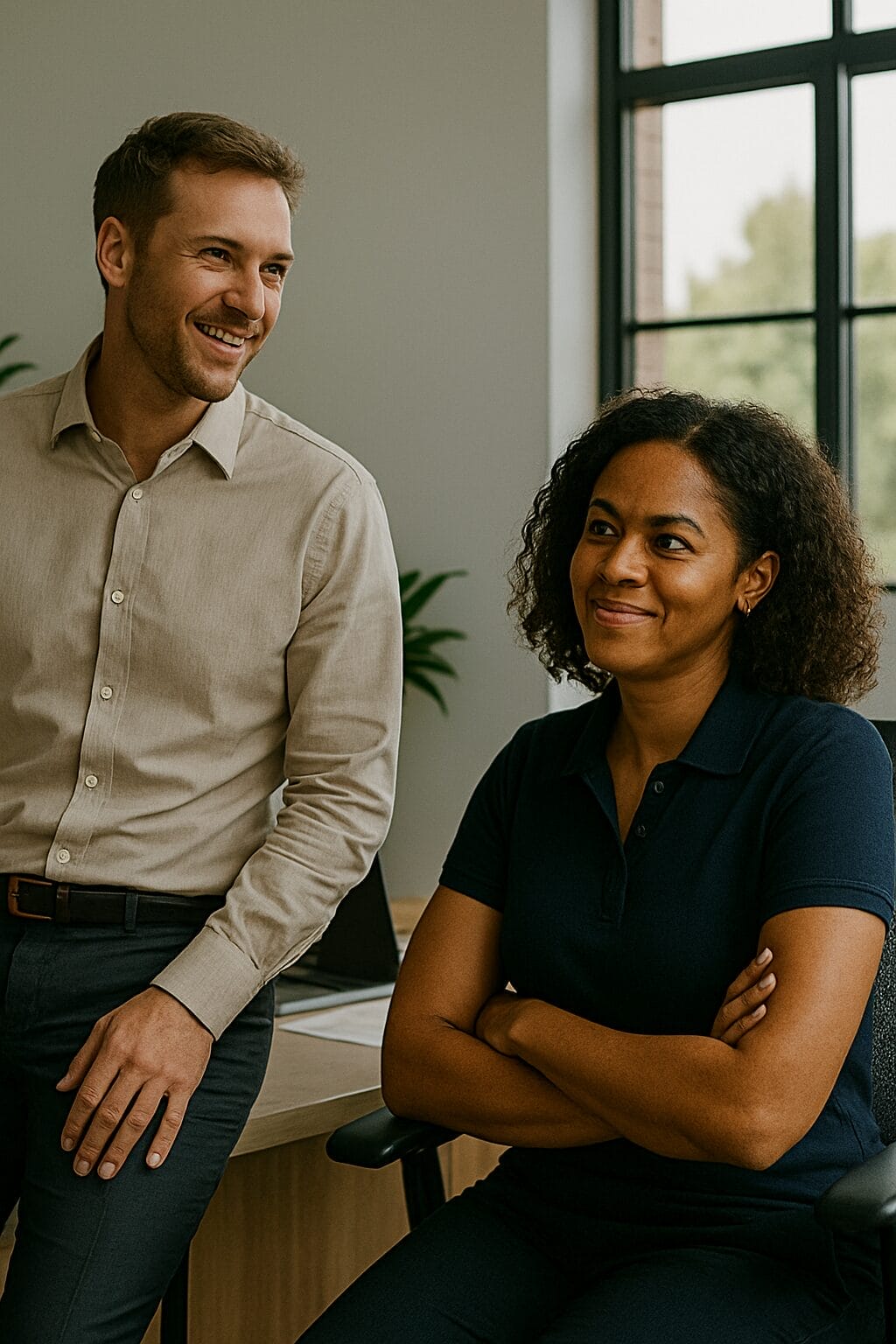 A man leans casually against a desk while a woman sits with folded arms, smiling with subtle tension in a modern office.