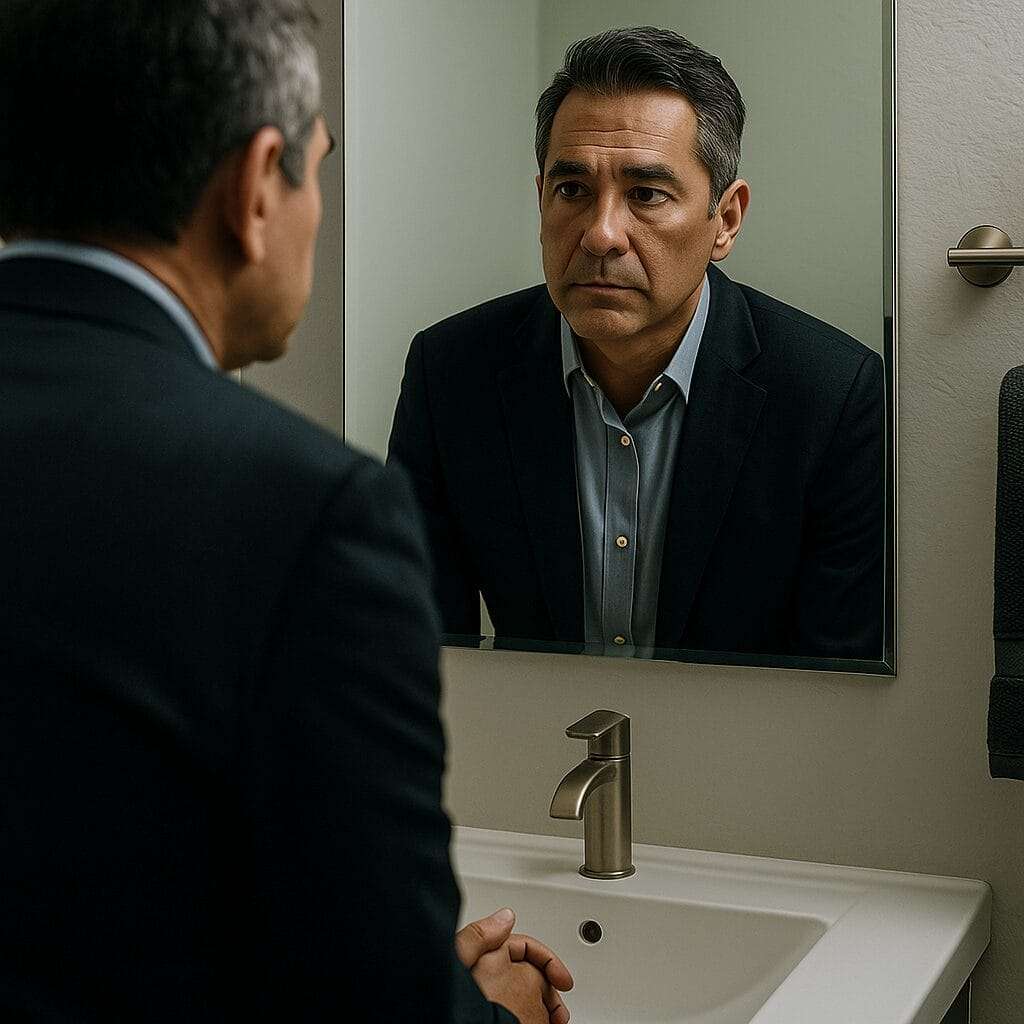 man looking himself in the mirror