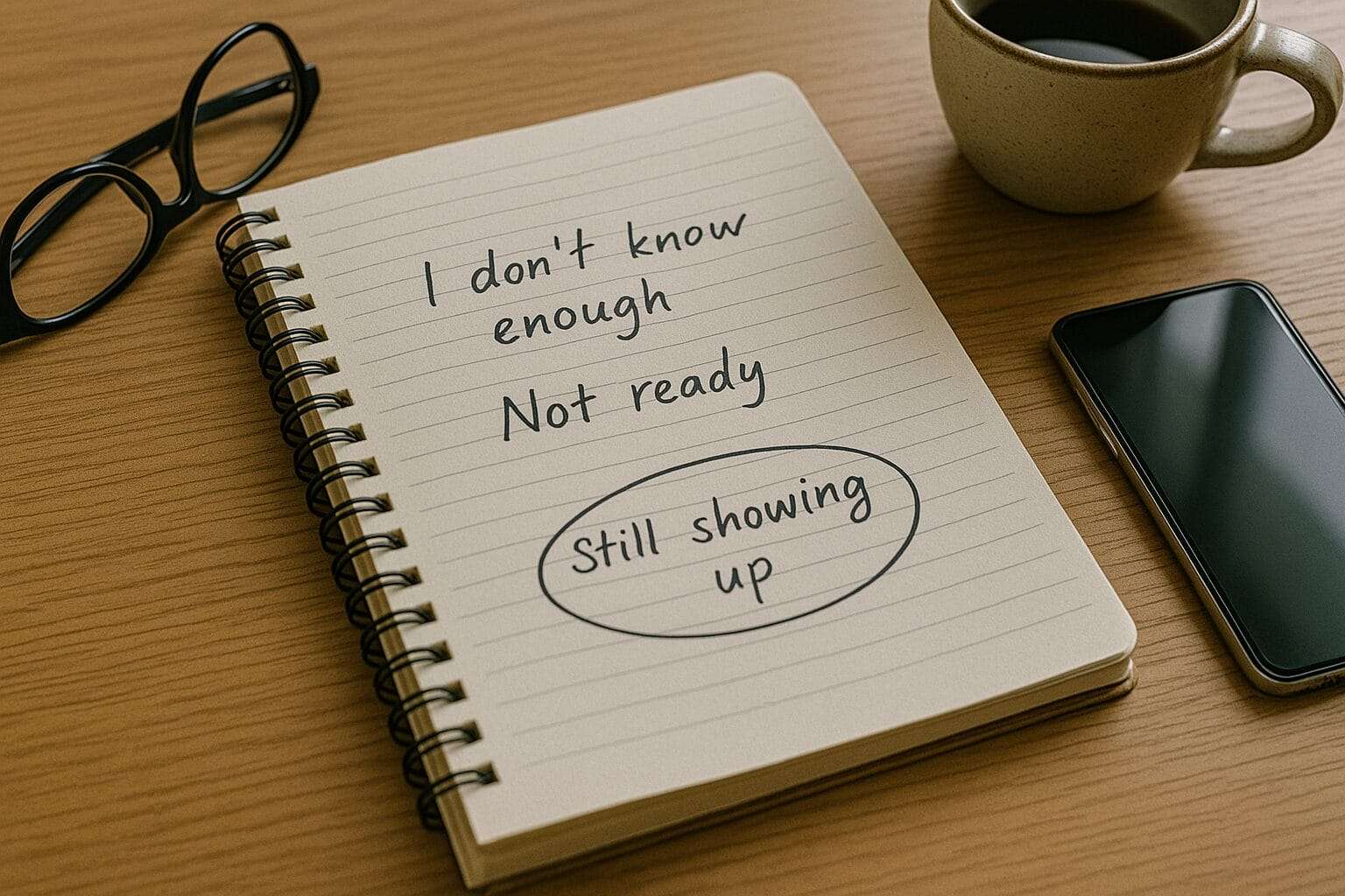 Spiral notebook on a wooden desk with handwritten notes including “Still showing up,” surrounded by glasses, coffee, and a phone
