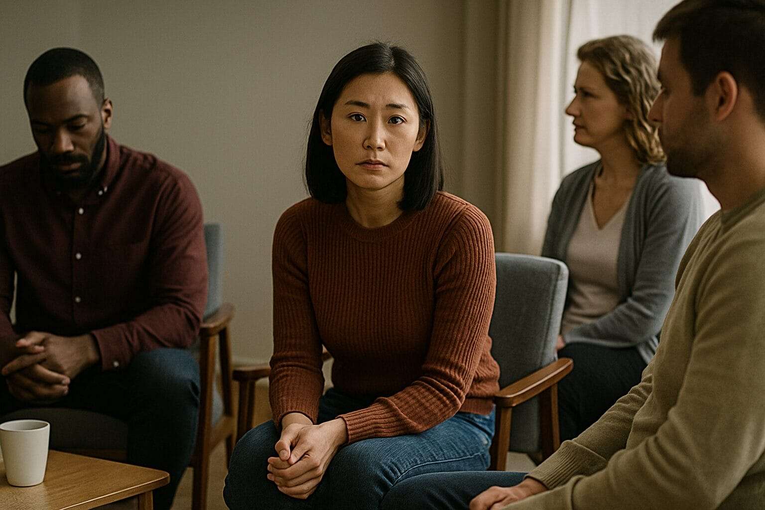 An Asian woman sits in a support group circle, looking serious and introspective, while the others appear distant or withdrawn, reflecting emotional disconnection.