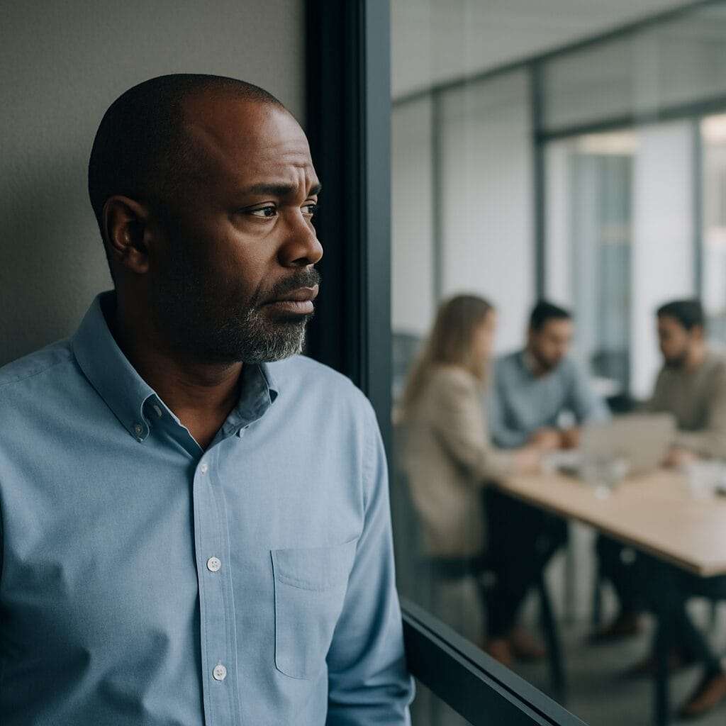 African-American man in his 40s standing outside a glass-walled meeting room, looking inside with a calm but pensive expression
