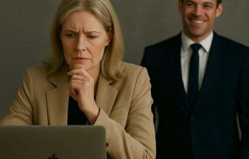 A middle-aged businesswoman looks suspiciously at her laptop while a well-dressed man in the background smiles subtly, capturing the theme of hidden manipulation in business.