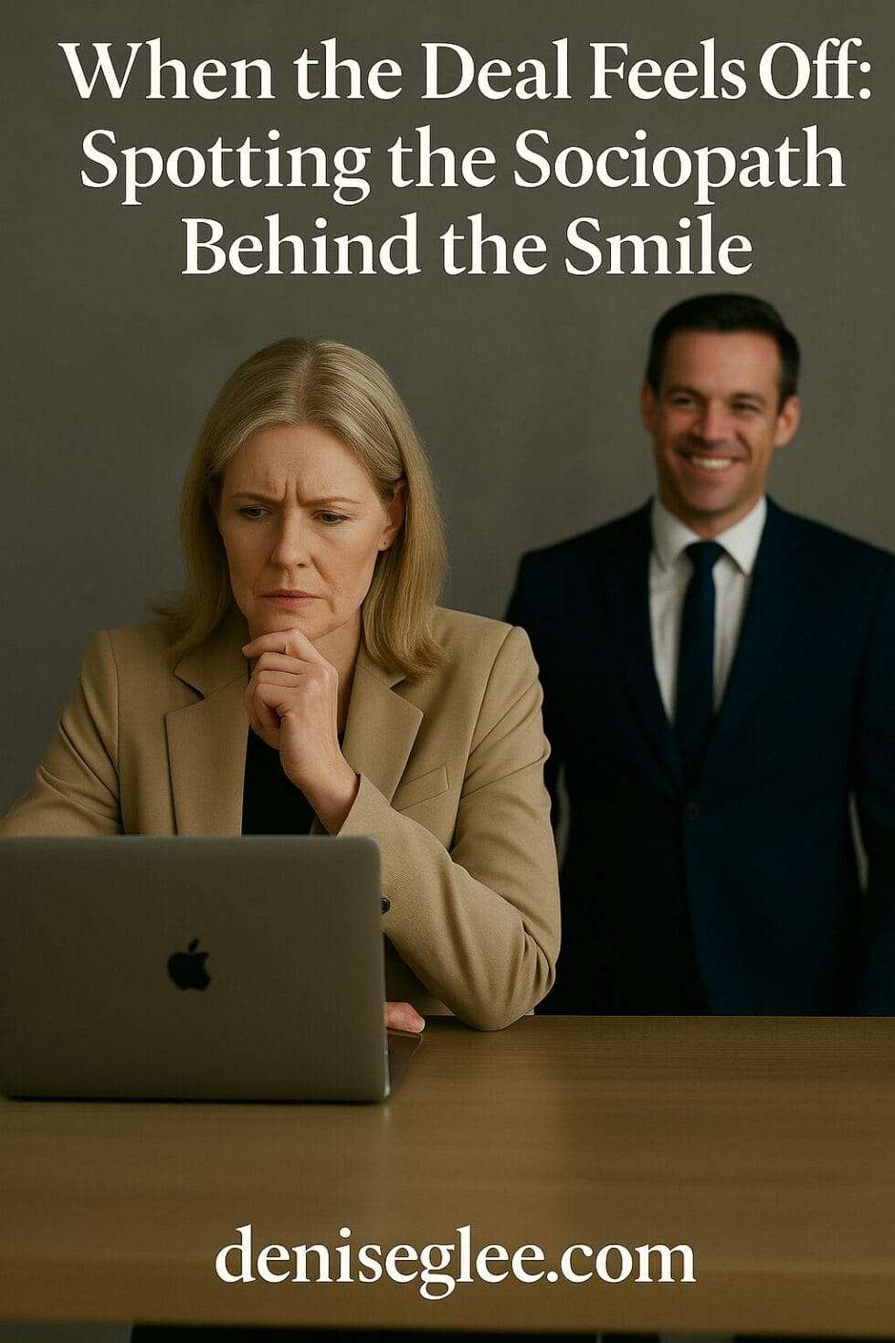 A middle-aged businesswoman looks suspiciously at her laptop while a well-dressed man in the background smiles subtly, capturing the theme of hidden manipulation in business.