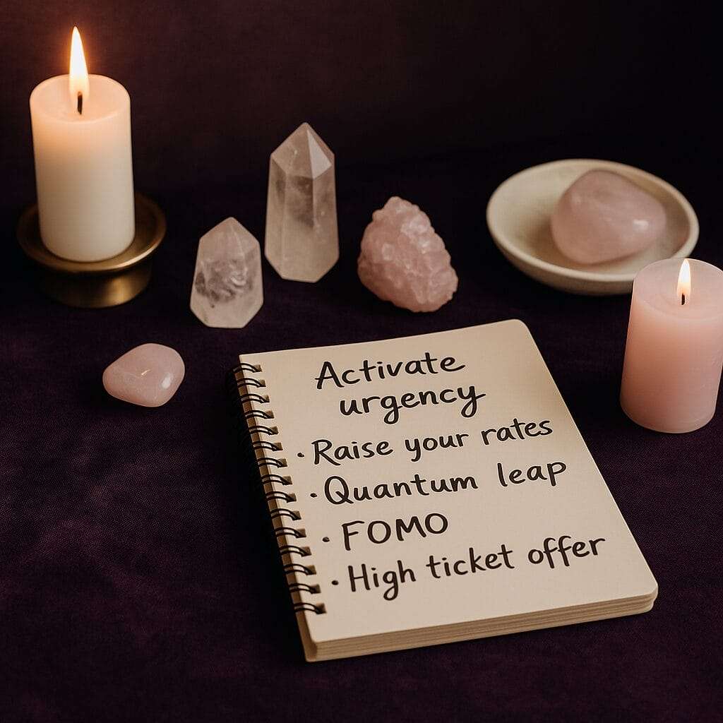 Notebook listing sales tactics like 'Activate urgency' and 'High ticket offer' surrounded by crystals and candles on a velvet cloth"