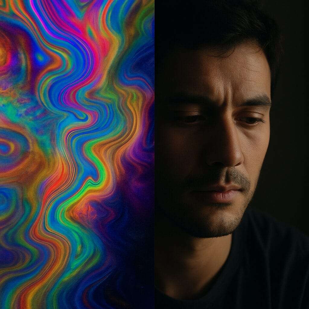 image split of a psychedelic screen and a man in a dark background with eyes looking down