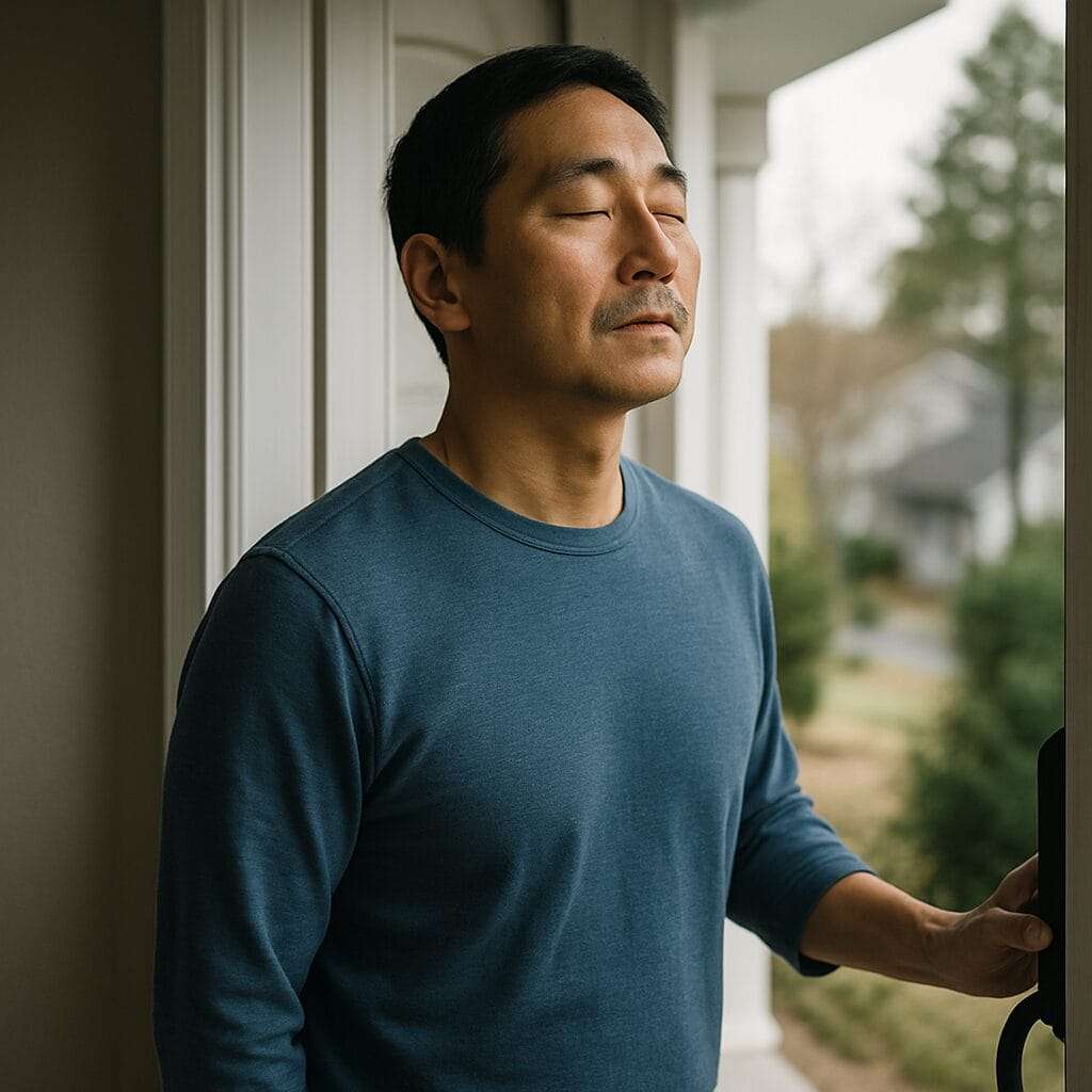 A middle-aged Asian man stands in a doorway with eyes closed, hand resting on the door handle, exhaling into the morning air.