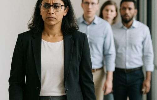 Indian woman in her 30s walking ahead of a group of hesitant employees in an office hallway, symbolizing emotional dependency in leadership