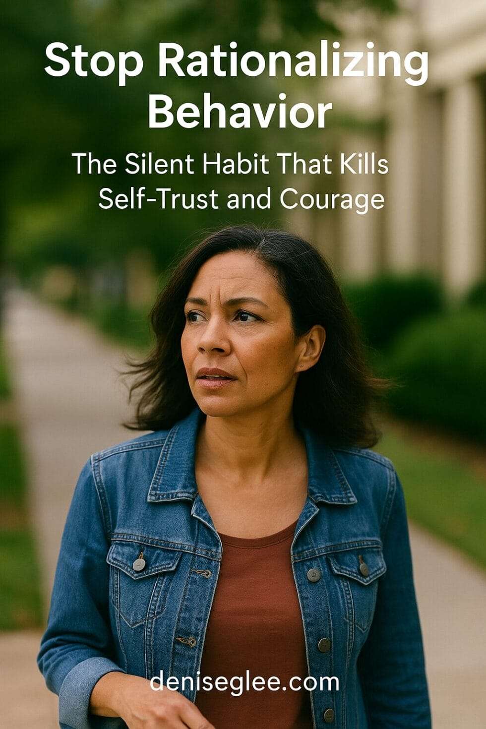 A thoughtful middle-aged woman walking outdoors, mid-conversation, with the overlay text: “Stop Rationalizing Behavior – The Silent Habit That Kills Self-Trust and Courage” and deniseglee.com at the bottom.