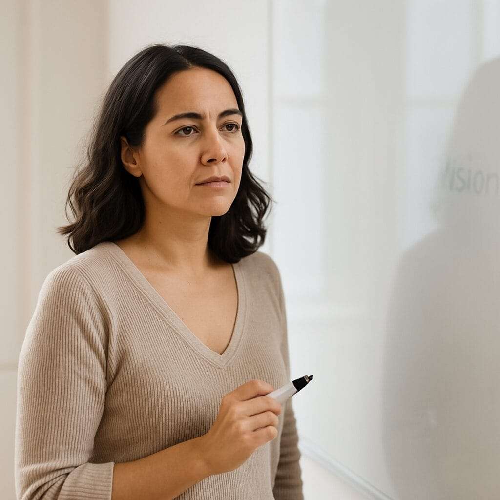 Latina woman in her thirties standing thoughtfully in front of a whiteboard, holding a marker.