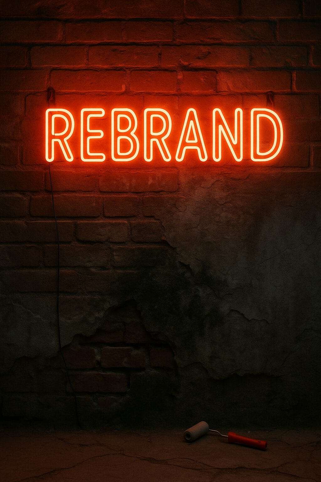Bright neon REBRAND sign covering a crumbling, cracked brick wall with a tiny paint roller below, symbolizing shallow fixes for deeper brand problems.