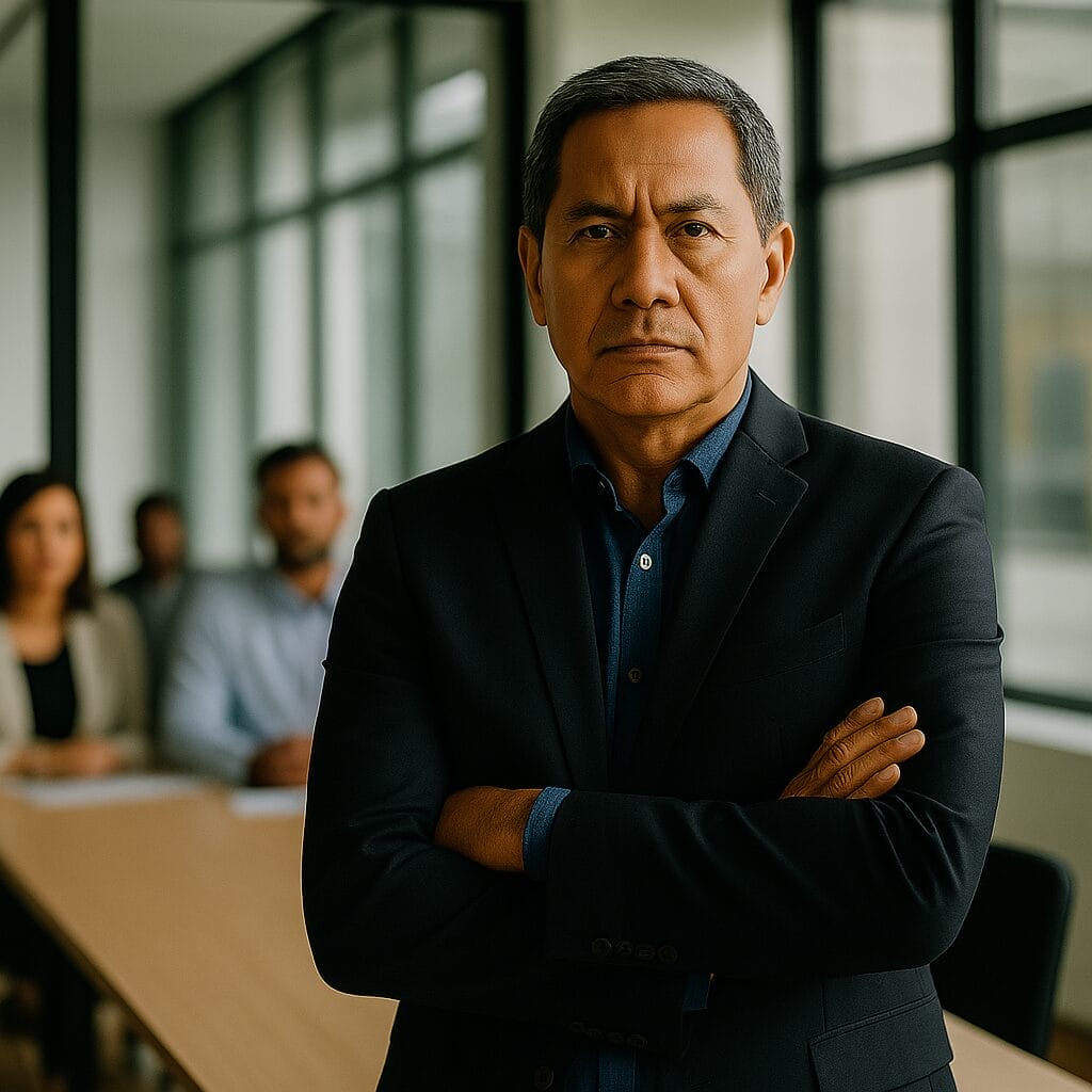 A serious middle-aged Latino-Asian man stands in front of a blurred office team seated at a conference table. His arms are crossed, expression focused and emotionally guarded.