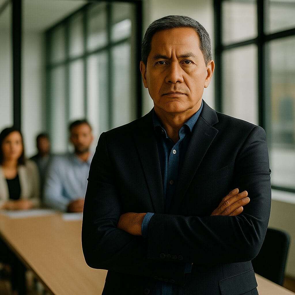 A serious middle-aged Latino-Asian man stands in front of a blurred office team seated at a conference table. His arms are crossed, expression focused and emotionally guarded.