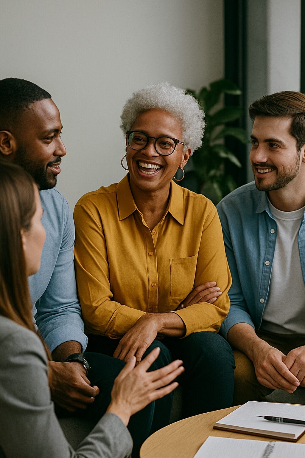 Older woman laughing with her colleagues in a casual team circle, showing genuine connection and emotional safety
