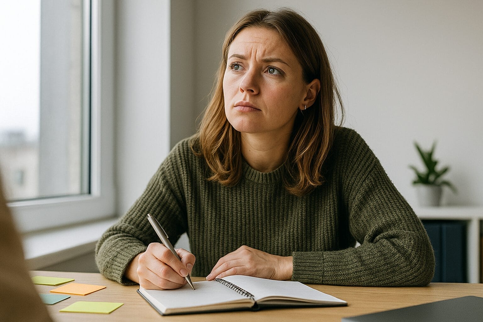 White woman in her early 30s sitting at a desk near a window, holding a pen and gazing upward in thoughtful reflection beside an open notebook and sticky notes.