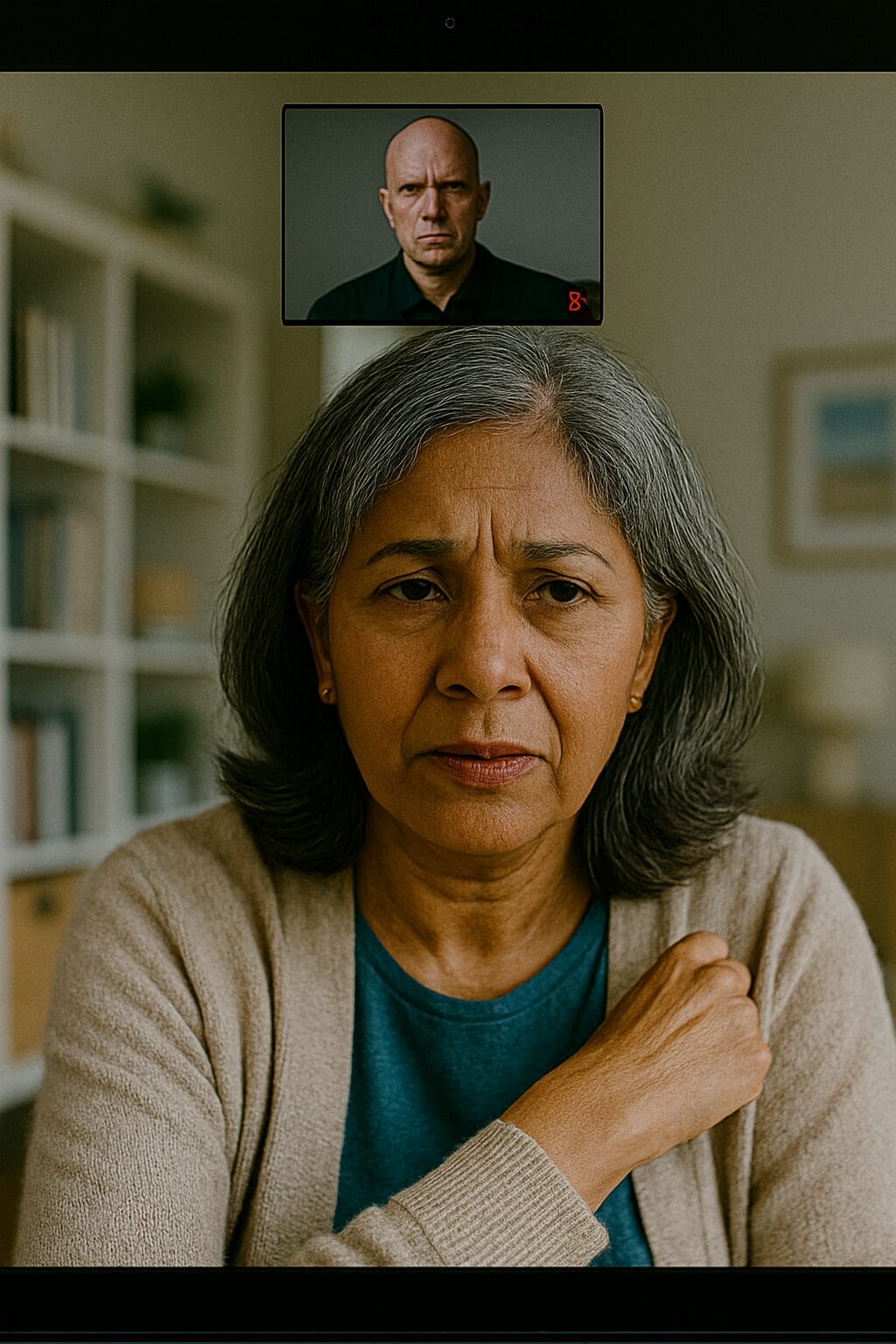 South Asian woman on a video call looking tense as a stern man appears muted in the corner of her screen.