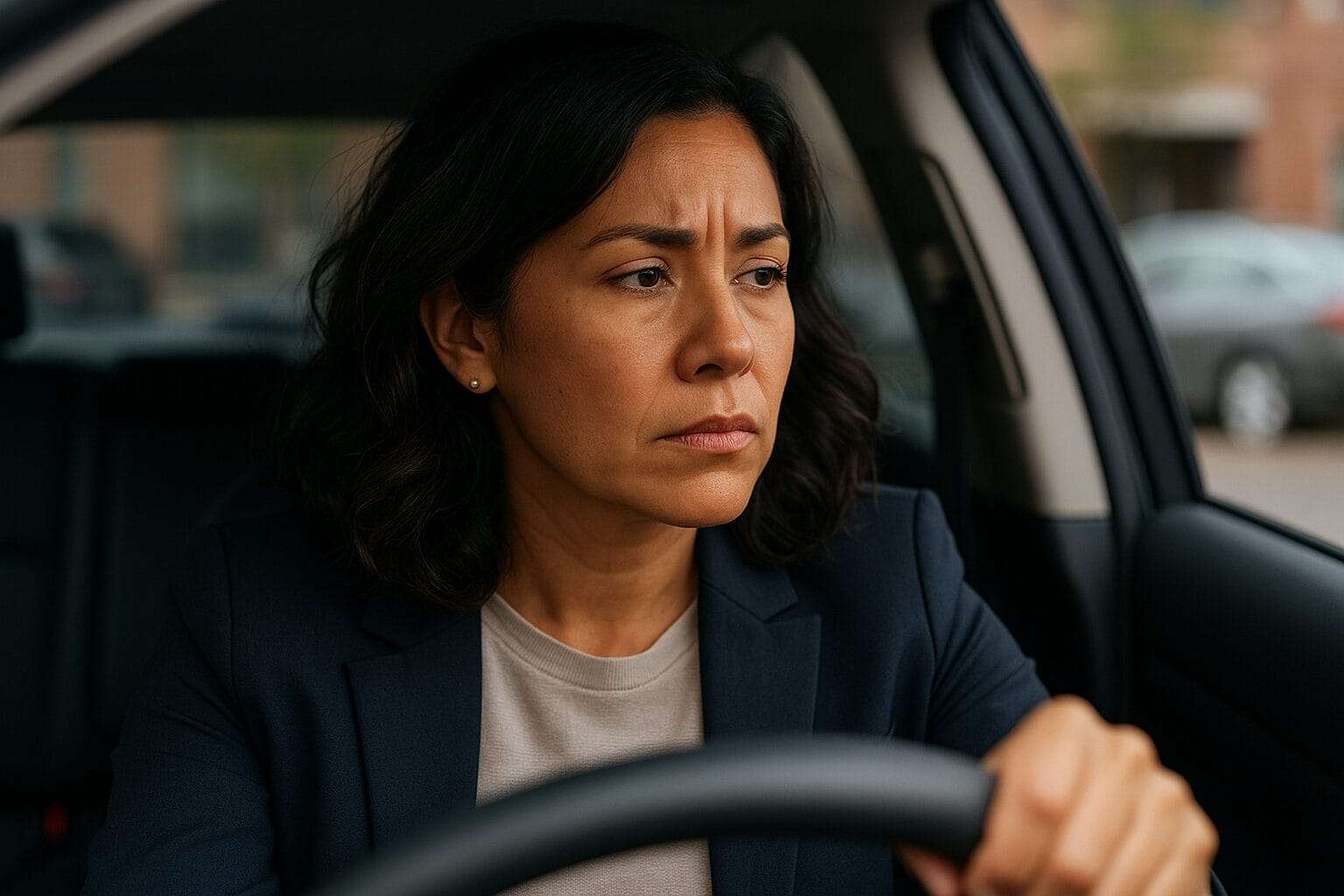 Latina in the driver’s seat, parked, leaning back with eyes open. Hands loosely on the wheel