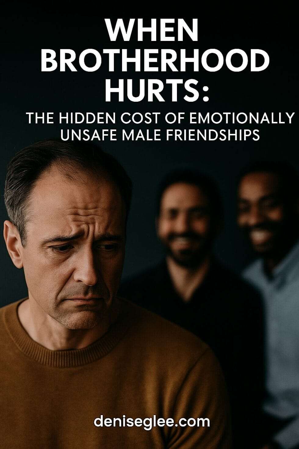 Man sitting among peers but emotionally withdrawn, feeling unseen in a professional setting.