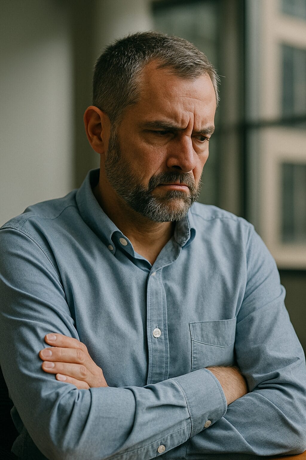 Middle-aged man with arms crossed and a furrowed brow, symbolizing emotional suppression and internal tension