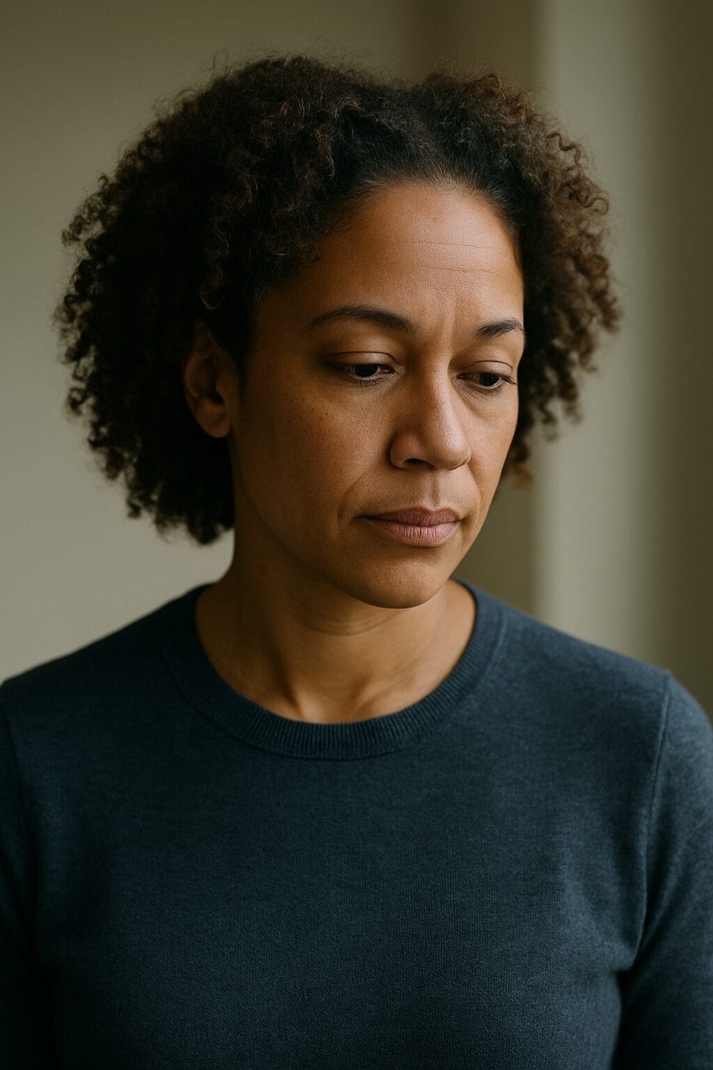 Reflective Black woman looking down, symbolizing emotional fatigue from suppressing feelings