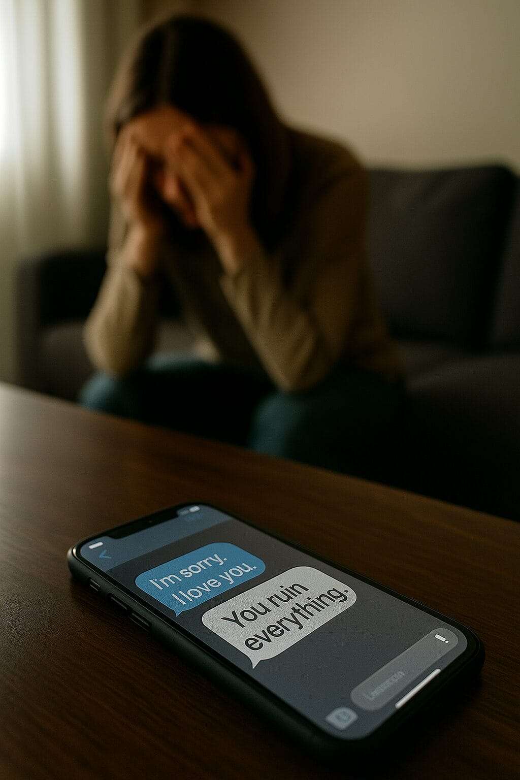 A phone screen shows texts saying “I’m sorry. I love you.” and “You ruin everything,” with a distressed woman sitting in the background