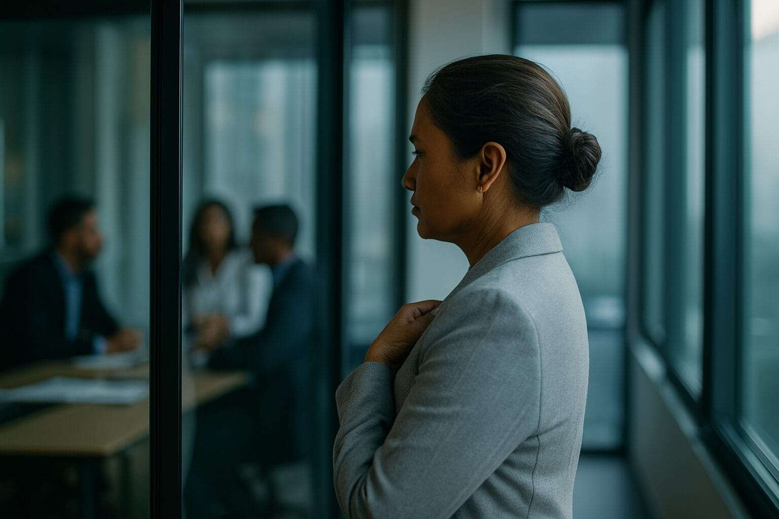 Latina woman in her late 40s adjusting her posture in front of a glass office wall, with blurred colleagues in the background