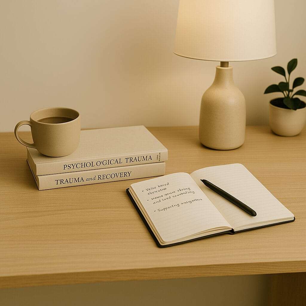 Minimalist desk with psychology books, open blank journal, coffee mug, and lamp on a wooden surface