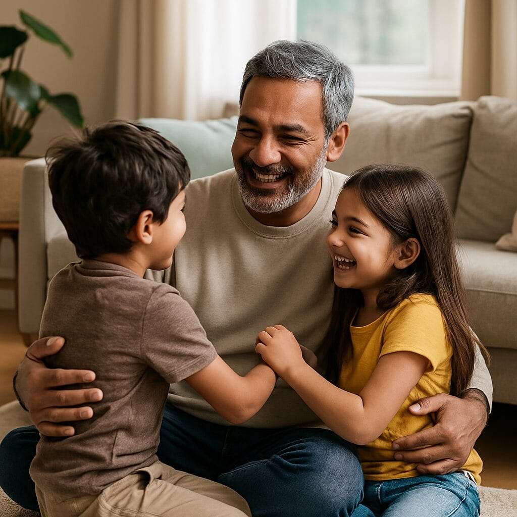 Father playing on floor with kids, showing true resilience as presence and connection.