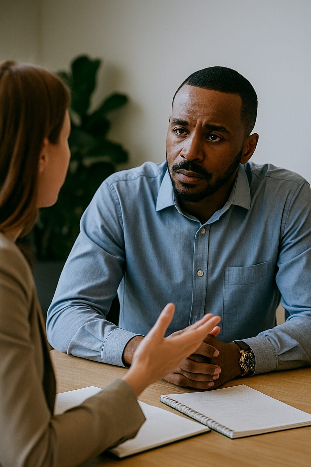 Black man and white woman having an honest conversation at a conference table, actively listening and speaking in a professional setting
