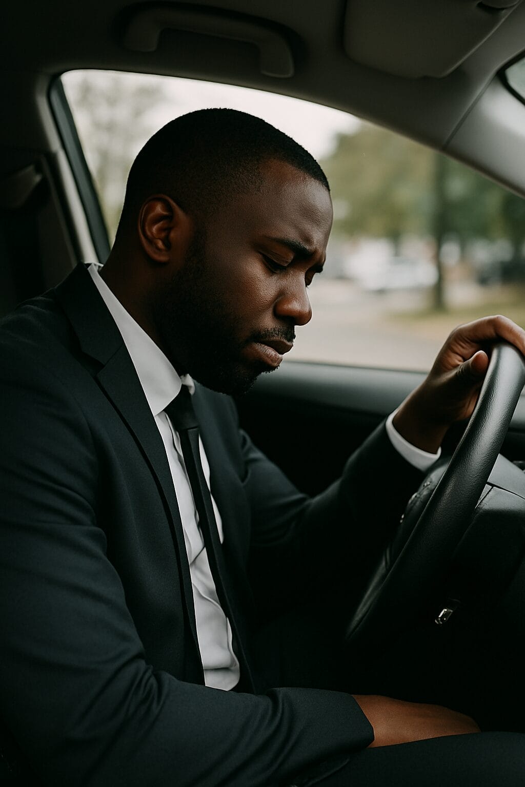 An African American man in his 30s sits in a parked car gripping the steering wheel, eyes closed in a moment of emotional tension.