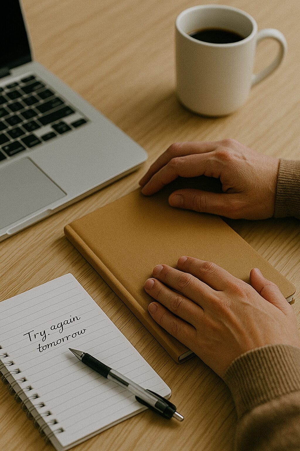 : Hands resting on a notebook beside coffee, laptop, and a handwritten note reading “Try again tomorrow” on a wood desk