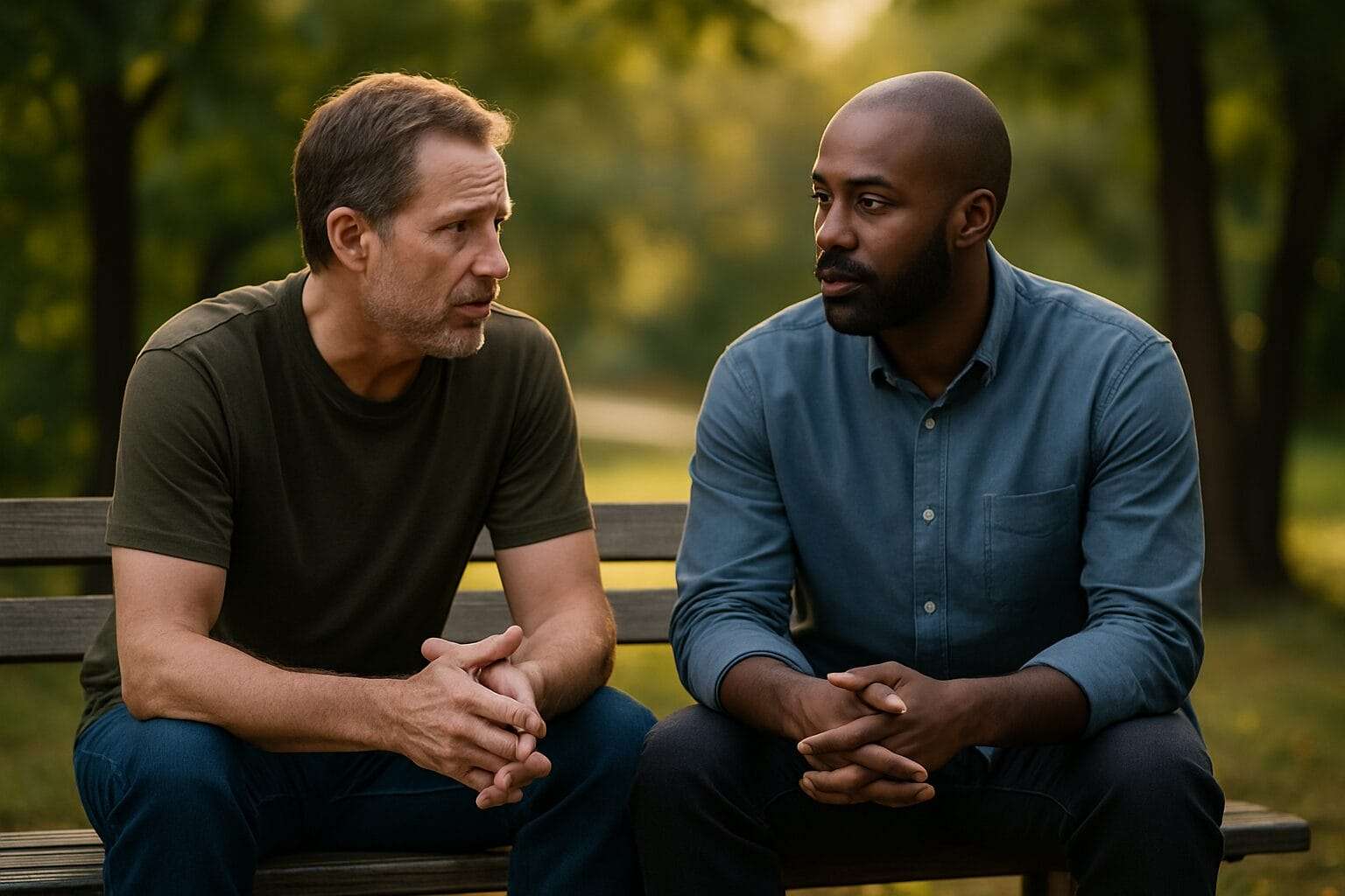 Two men sitting outside—on a bench. No big emotions, no hugs—just calm presence. One is speaking quietly, the other listening with genuine focus. Their body language says: this is safe.