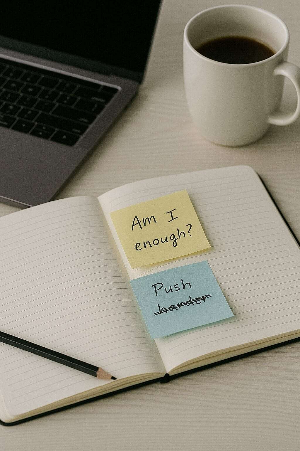 A close-up of a cluttered desk—post-it notes with scribbles like “Am I enough?” or “Push harder” crossed out. A laptop’s on sleep. Coffee half-drunk.