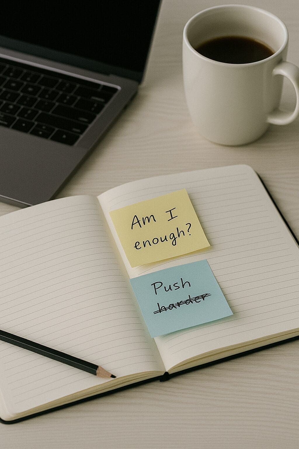 A close-up of a cluttered desk—post-it notes with scribbles like “Am I enough?” or “Push harder” crossed out. A laptop’s on sleep. Coffee half-drunk.