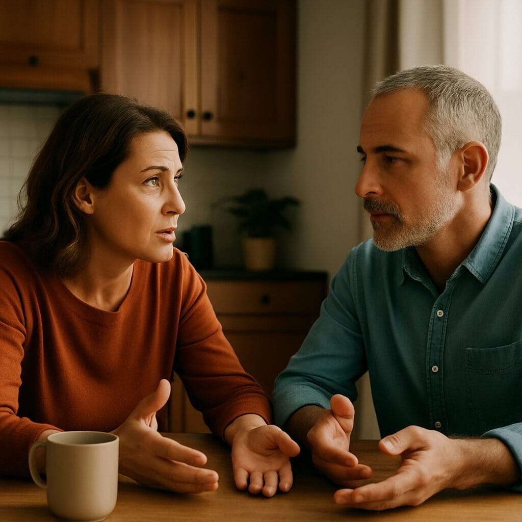 A middle-aged couple sits at a kitchen table in warm light. The woman speaks with emotion while the man listens with open hands, symbolizing real presence in quiet reconnection.