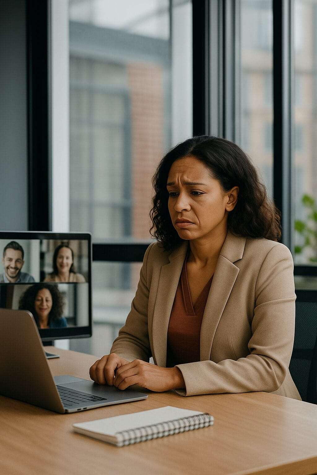 Professional woman looking uncomfortable during a virtual meeting in a modern office