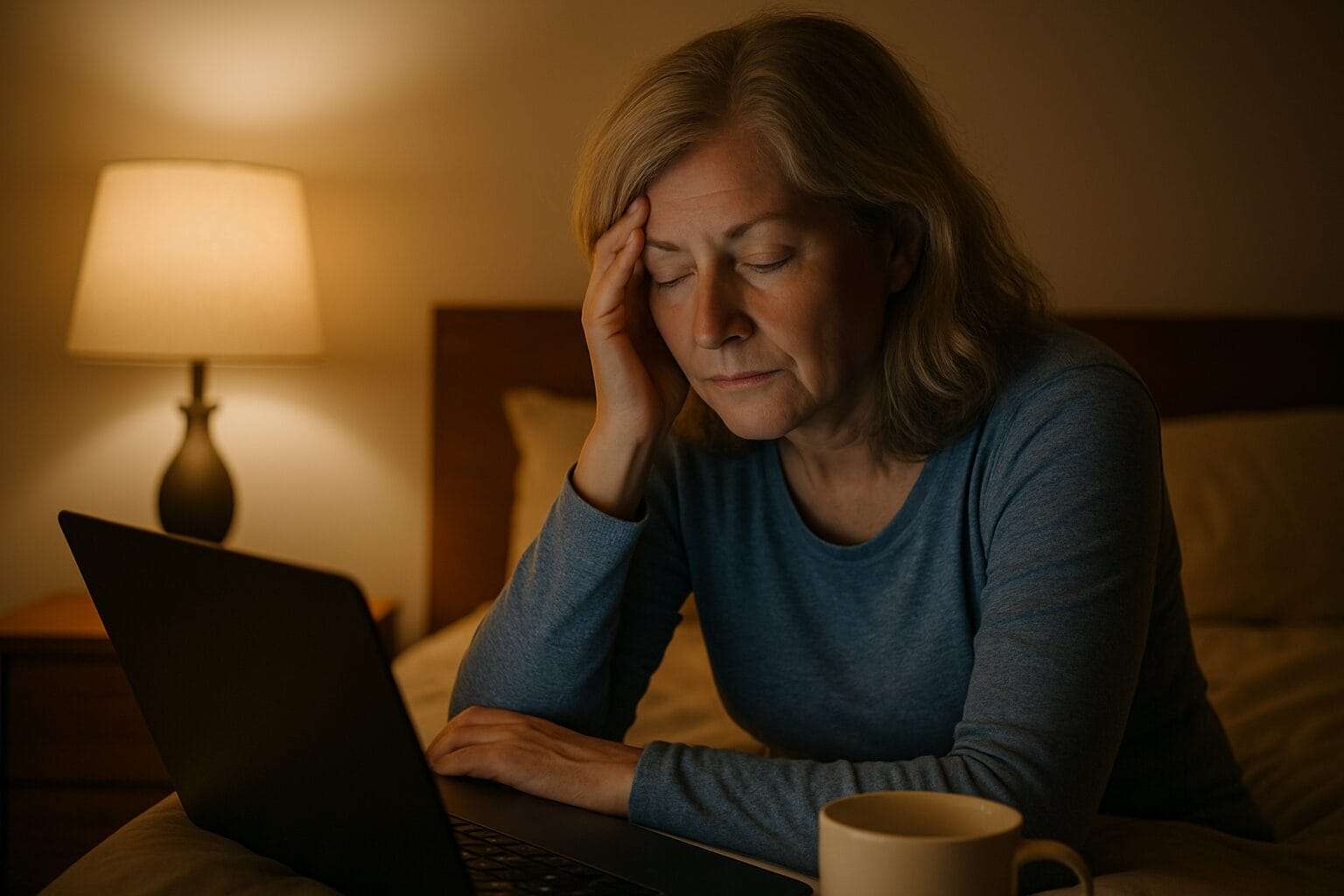 Exhausted woman sitting on bed late at night with laptop and empty coffee mug, symbolizing the hidden cost of title chasing.