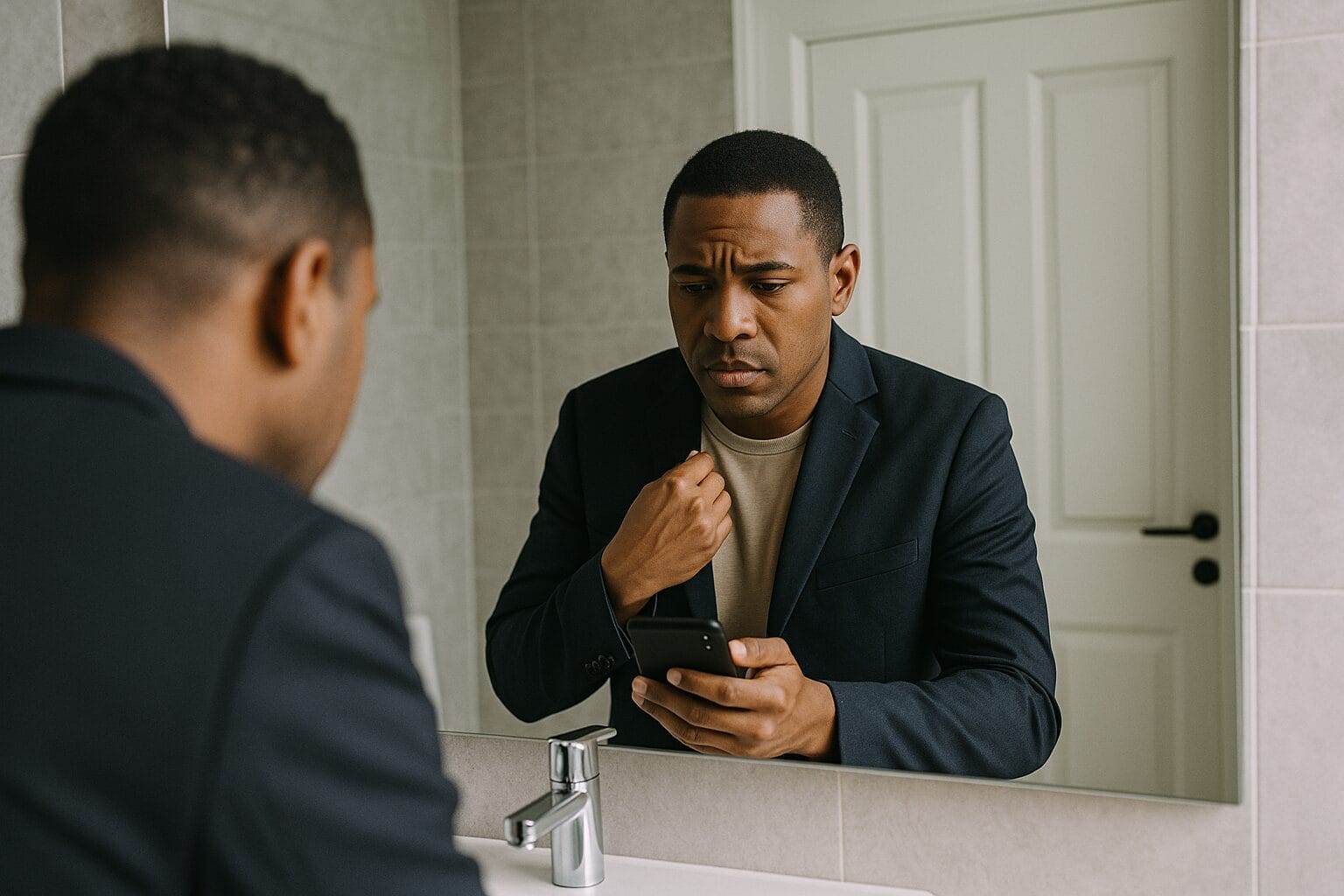 Man in a blazer looking into a mirror with a tense expression, holding his phone in a minimalist bathroom
