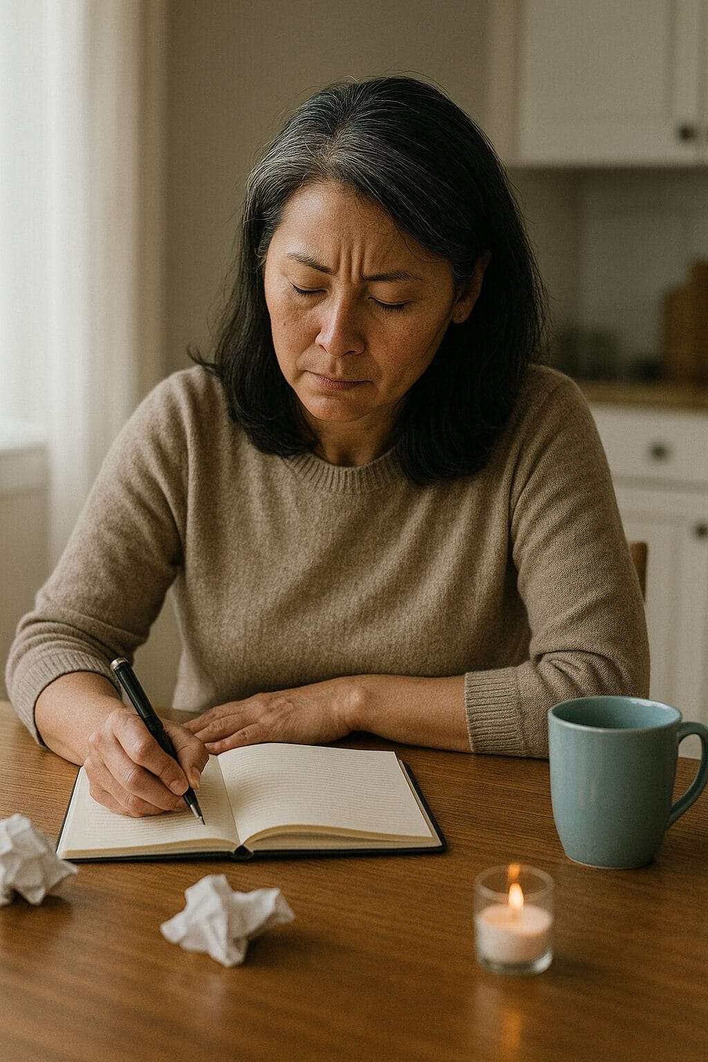 Middle-aged Asian woman in a beige sweater writing in a journal at her kitchen table, surrounded by crumpled paper and a lit candle.