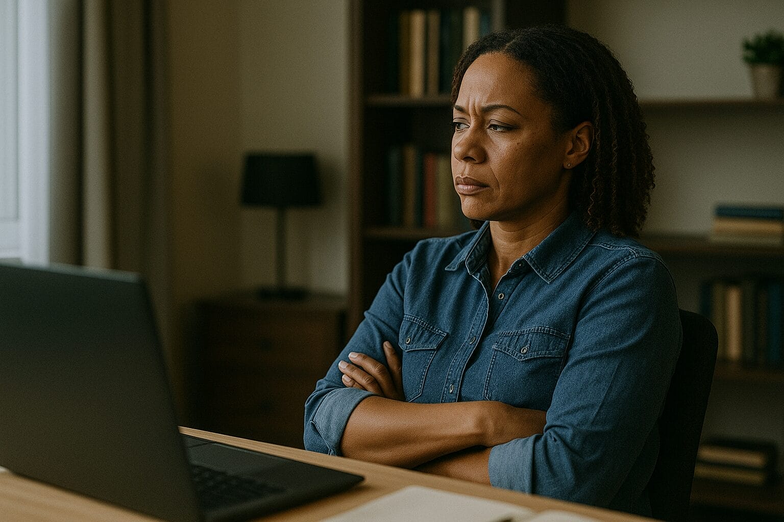 Black woman in her 40s sits in a home office with her arms crossed, staring at her laptop during a Zoom call with her camera off.