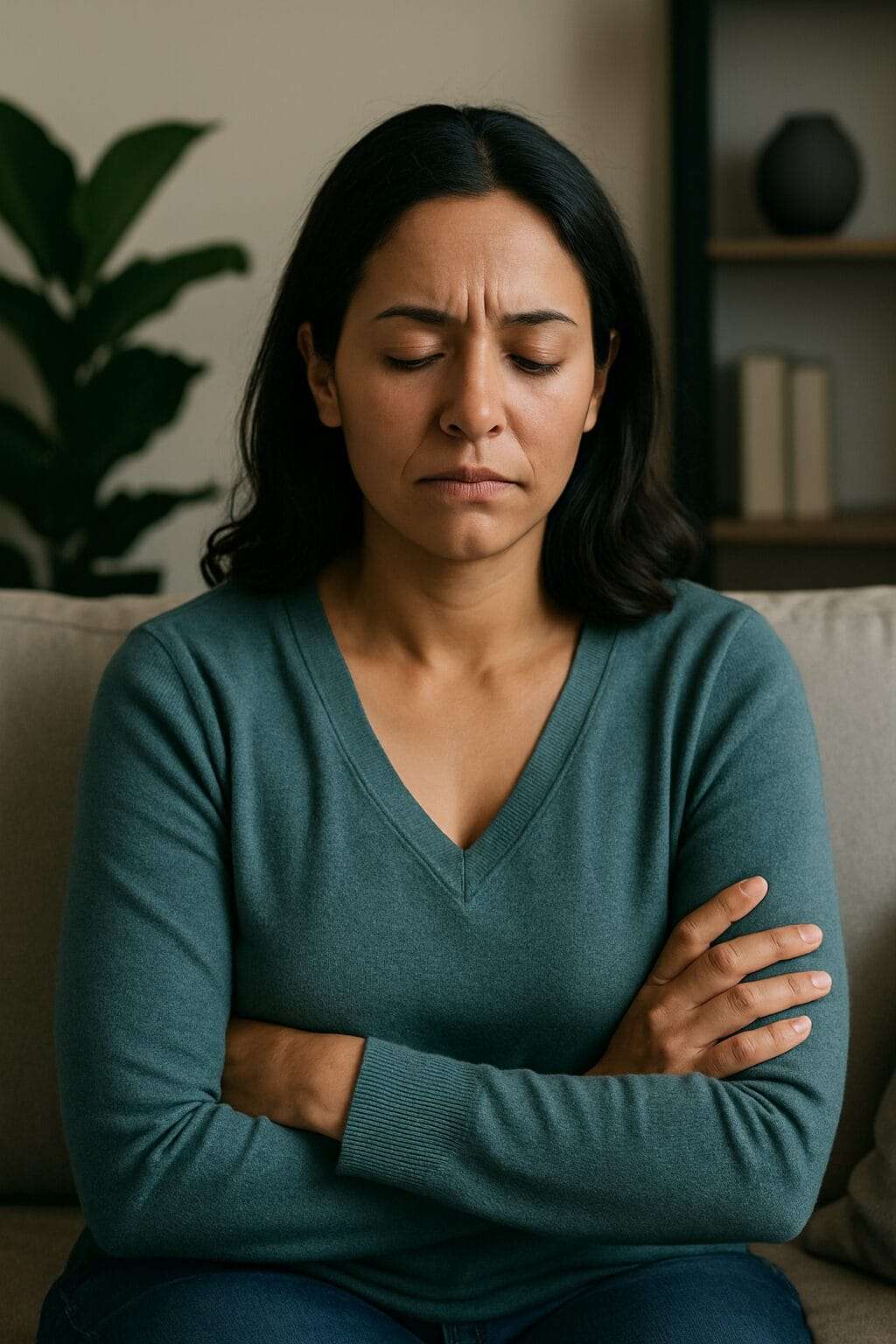A mid-30s woman sits alone in quiet reflection on a couch, looking resolved and introspective in soft natural light