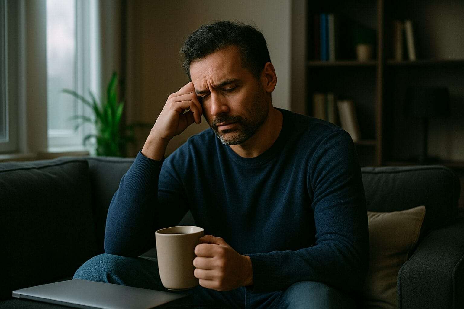 Middle-aged mixed race man sitting on a sofa with a coffee mug, eyes closed and hand at his temple, looking emotionally drained in a softly lit living room.
