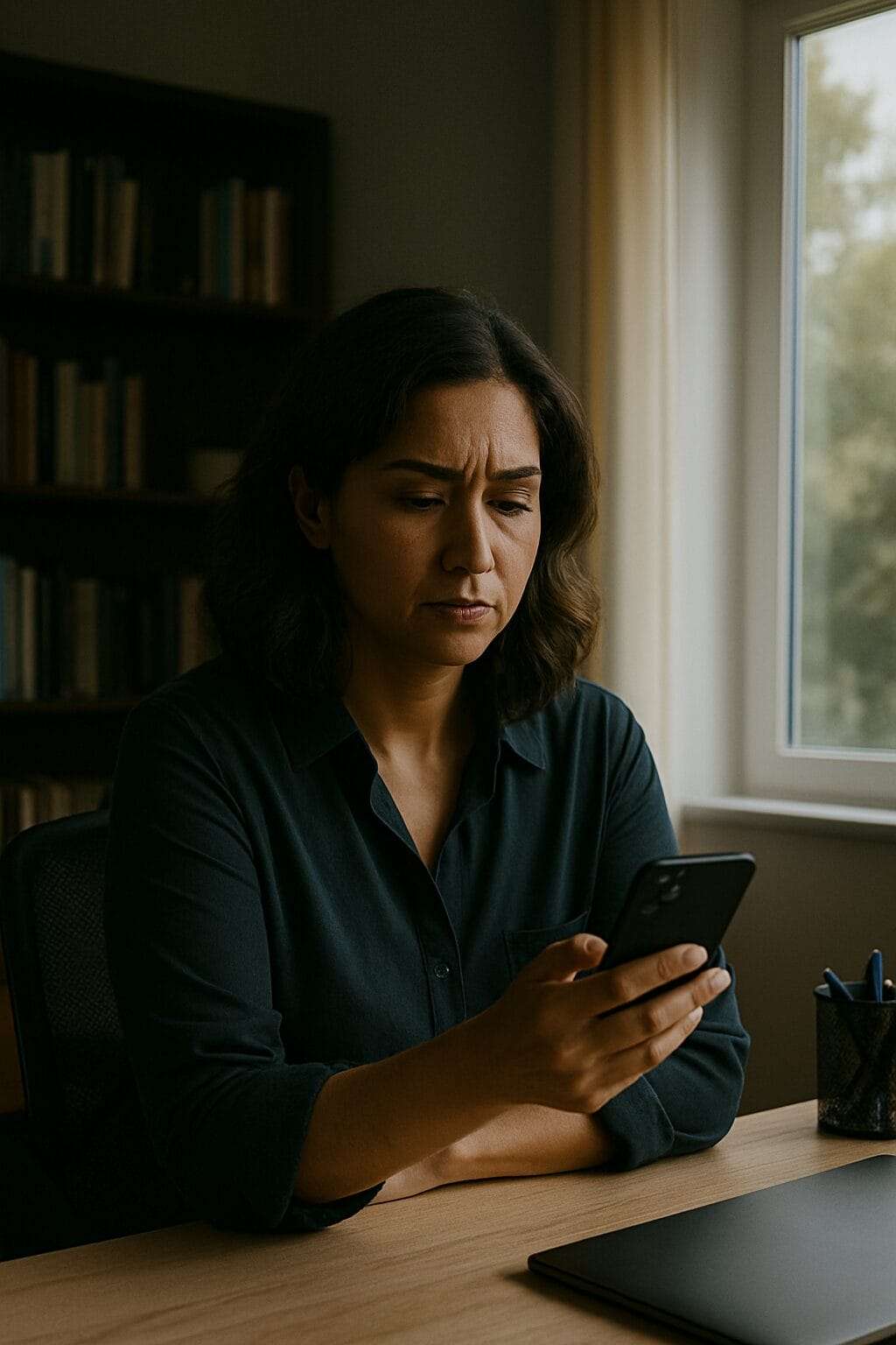 Woman in a home office looking at her phone with concern, seated near a window with soft light.