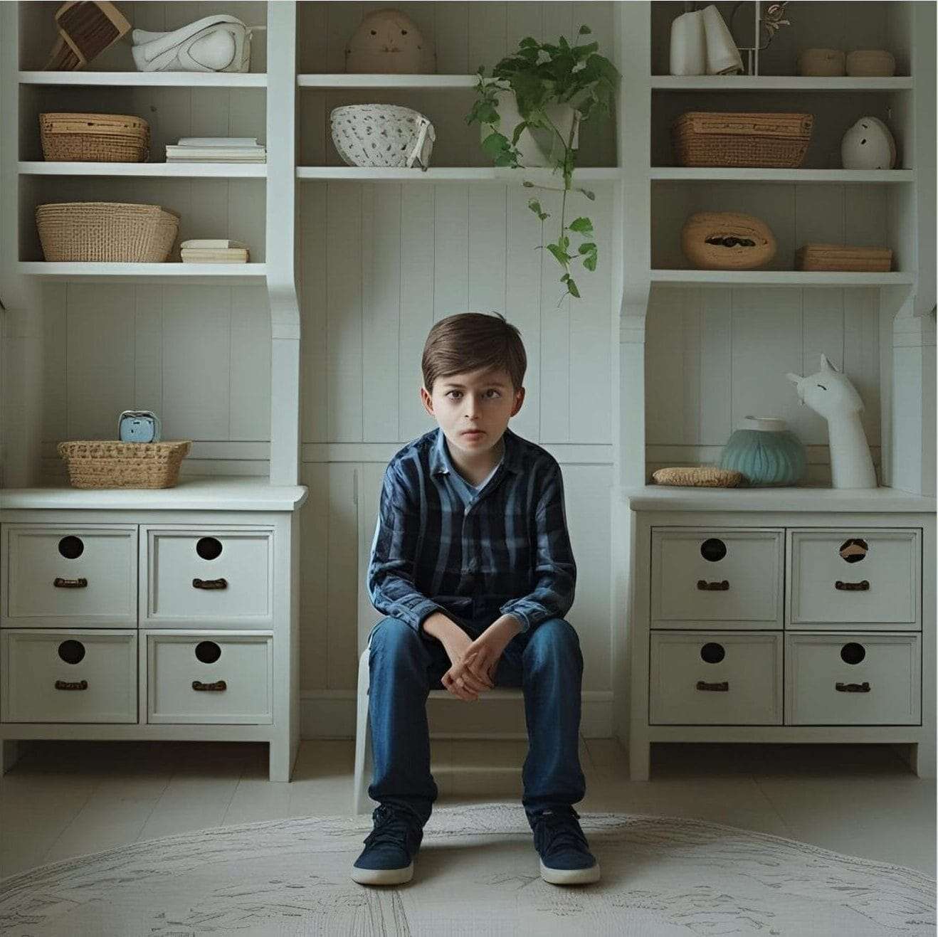 A young boy sits alone in a neat, overly pristine room—tidy surroundings, but his body language says anxious or unseen.