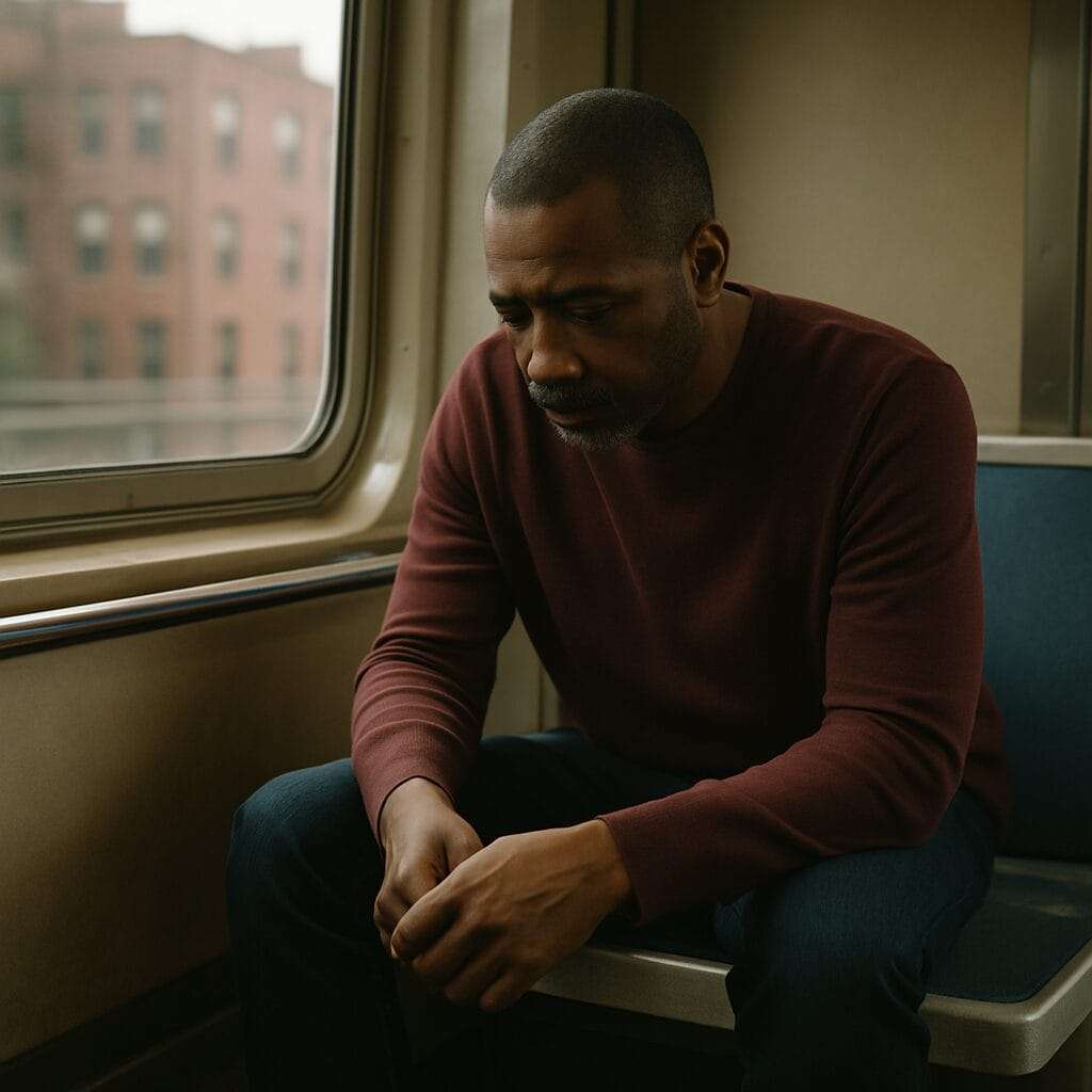 black man hunched over in subway mid 40s.