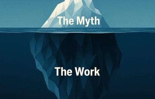 An iceberg above water: small, shiny, calm tip labeled “The Myth.” Below the surface: massive, jagged, dark ice labeled “The Work.”