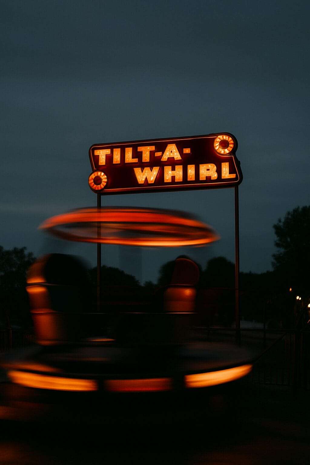 A blurry motion shot — a spinning teacup or carousel with one empty seat.
