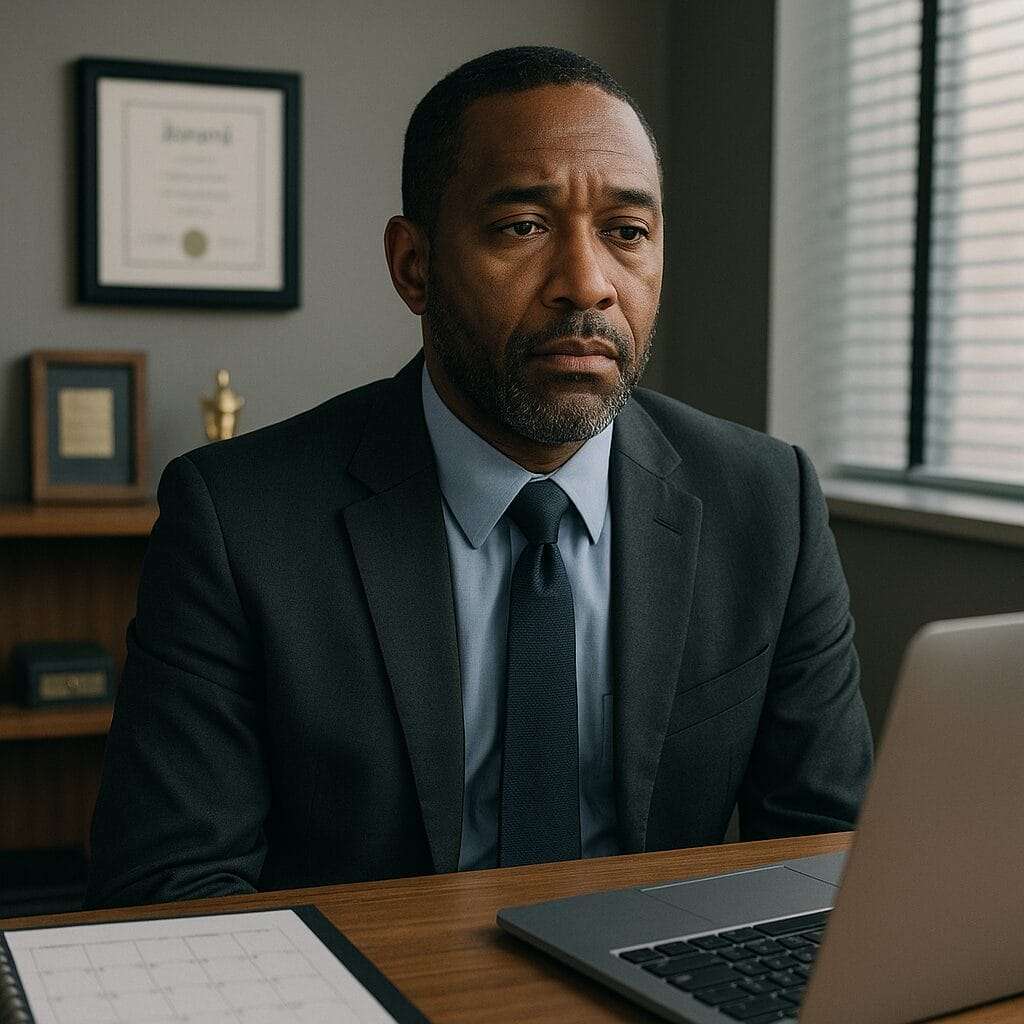A well-dressed man mid-40s, Black in a sleek office, wearing a suit, surrounded by achievement symbols (awards, laptop open, calendar full). But his expression? Blank, withdrawn, eyes not focused on anything—he’s disconnected from the room.